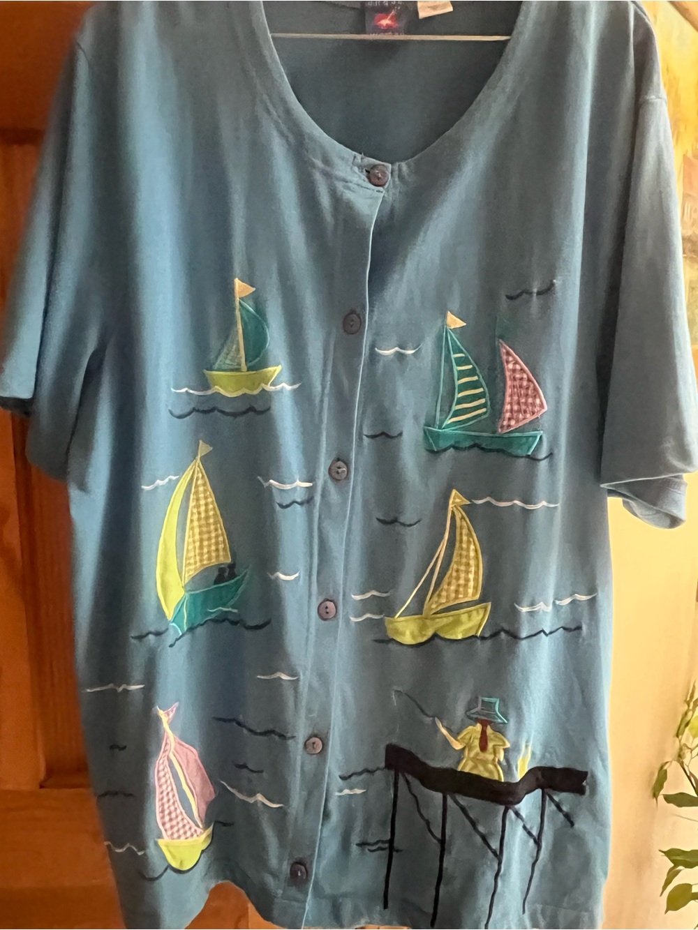 Onque Woman Blue Button-Front Jacket with Multicolor Sailboats